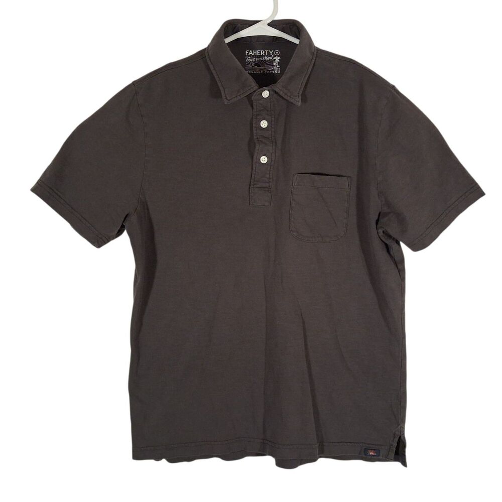 Faherty sunwashed polo shirt M Medium gray organic cotton short sleeve button